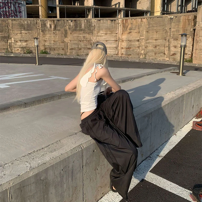 2025年夏季新款ins美式辣妹纯欲风后背翅膀吊带背心假两件阔腿裤