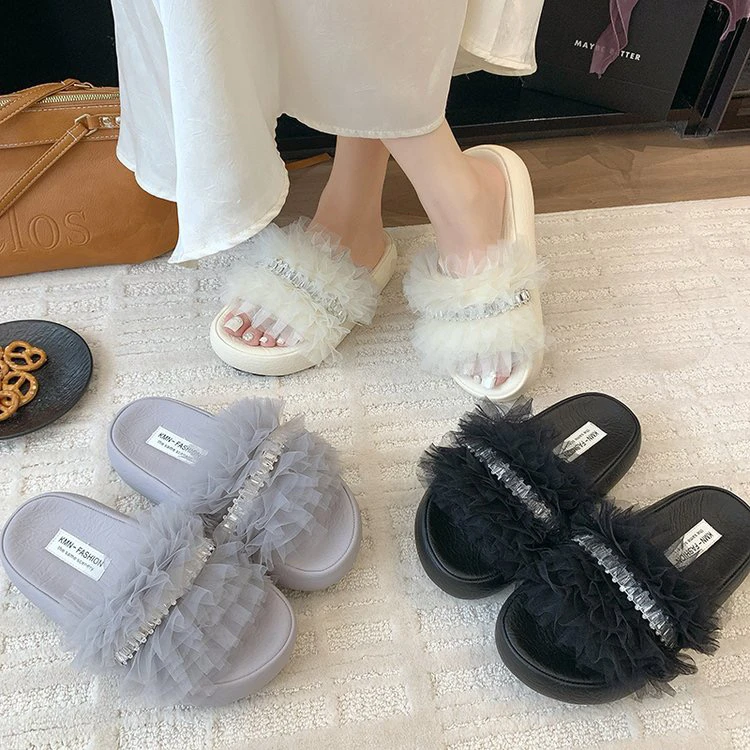 蕾丝花边舒适一字拖防滑学生夏季日式韩版法式珍珠拖鞋网红外穿