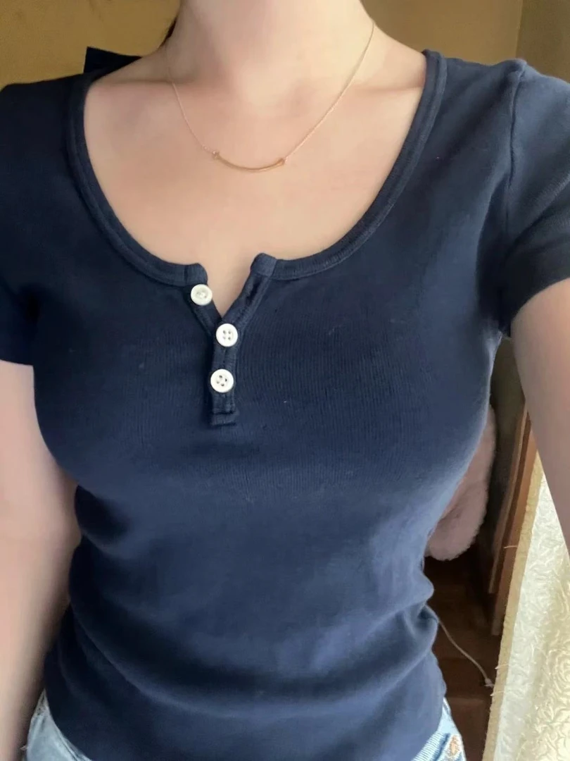 【Halo】bm风三颗扣休闲百搭纯色短袖女美式复古修身上衣女