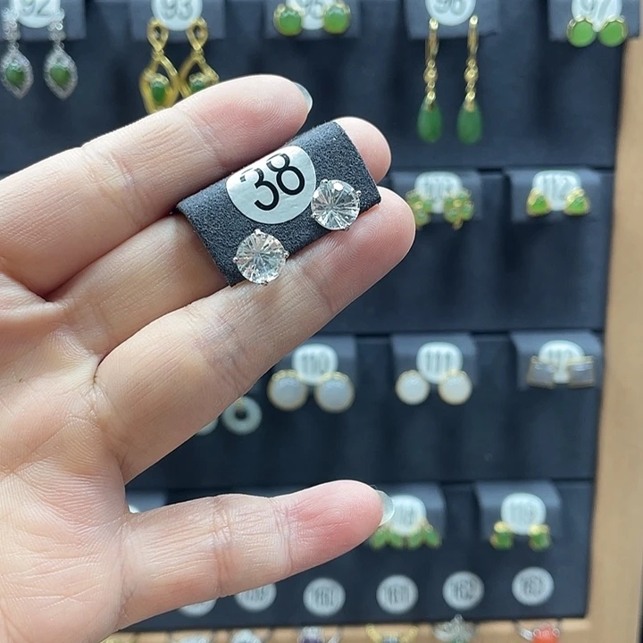 水晶耳饰银S925镶嵌天然白水晶蛋面耳钉38号