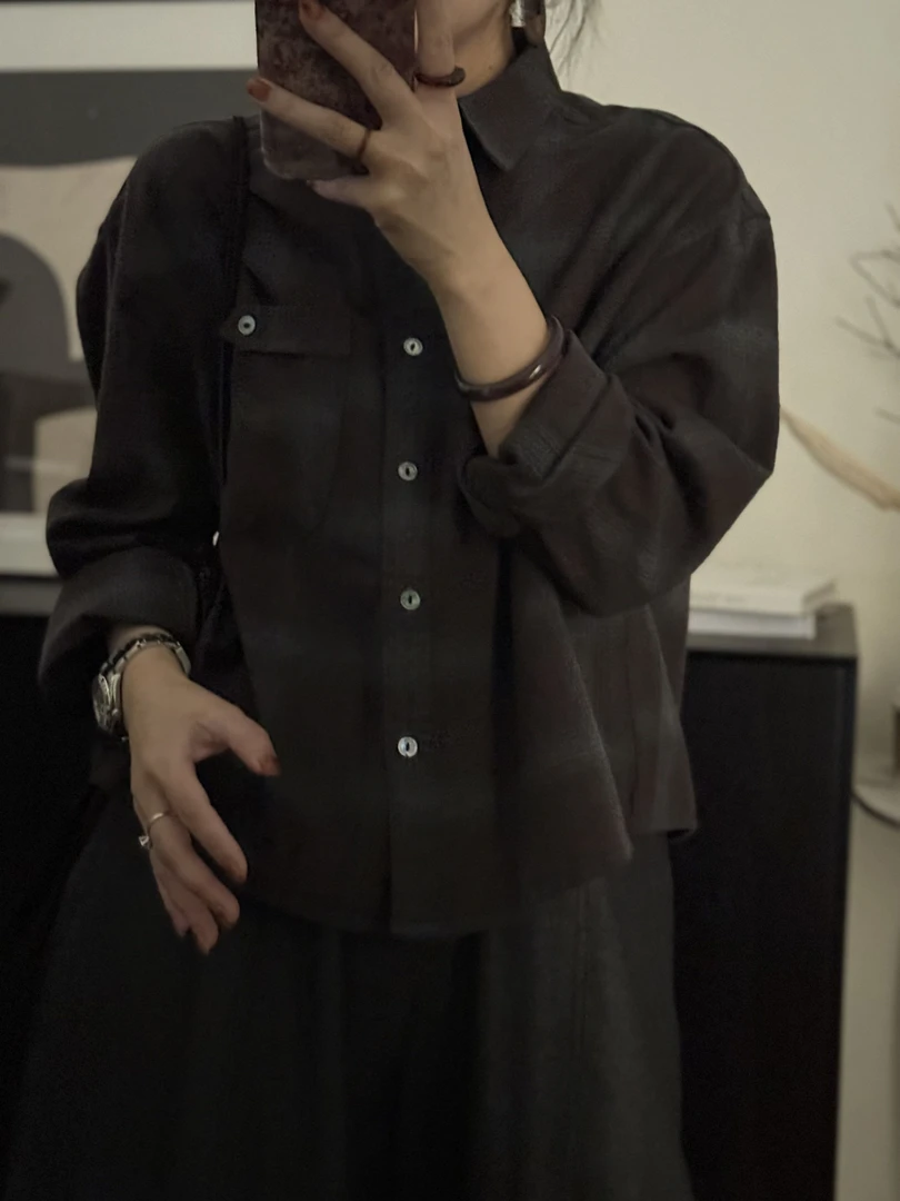 【珍珍何A】定制款日韩极简磨毛格子长袖衬衫