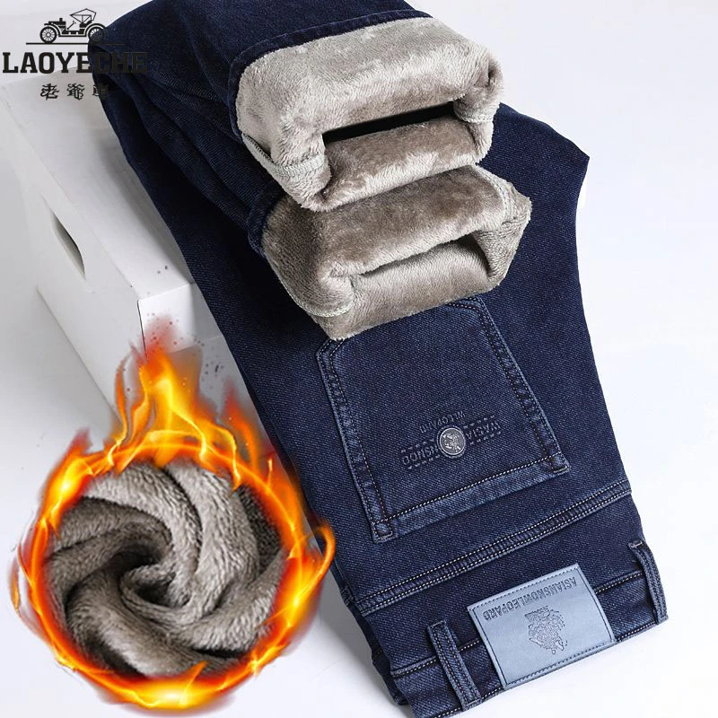 老爷车冬季加绒加厚牛仔裤男款直筒宽松弹力百搭商务休闲保暖裤