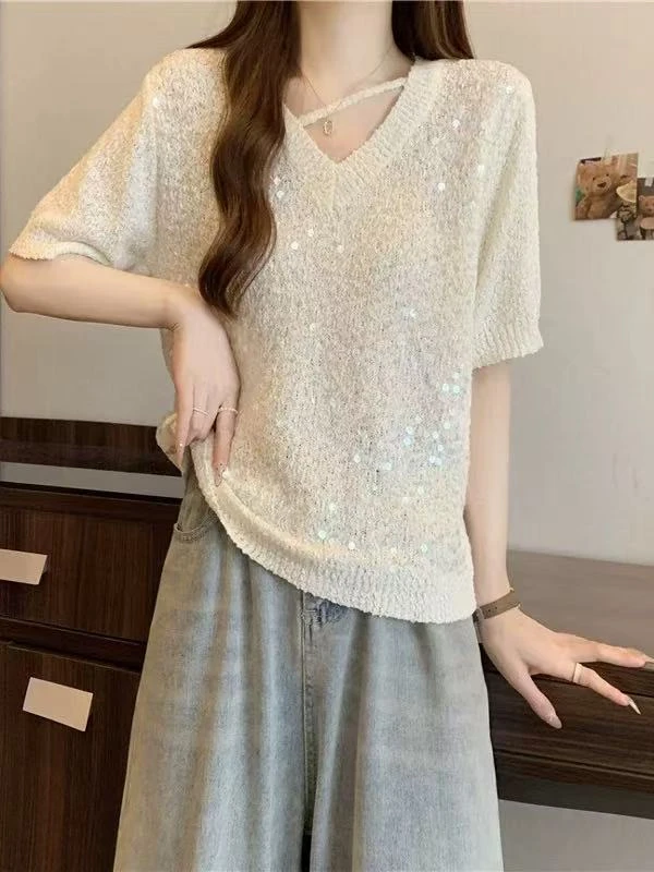【慕妍专属】98001（衣长55）设计感V领重工亮片刺绣针织衫