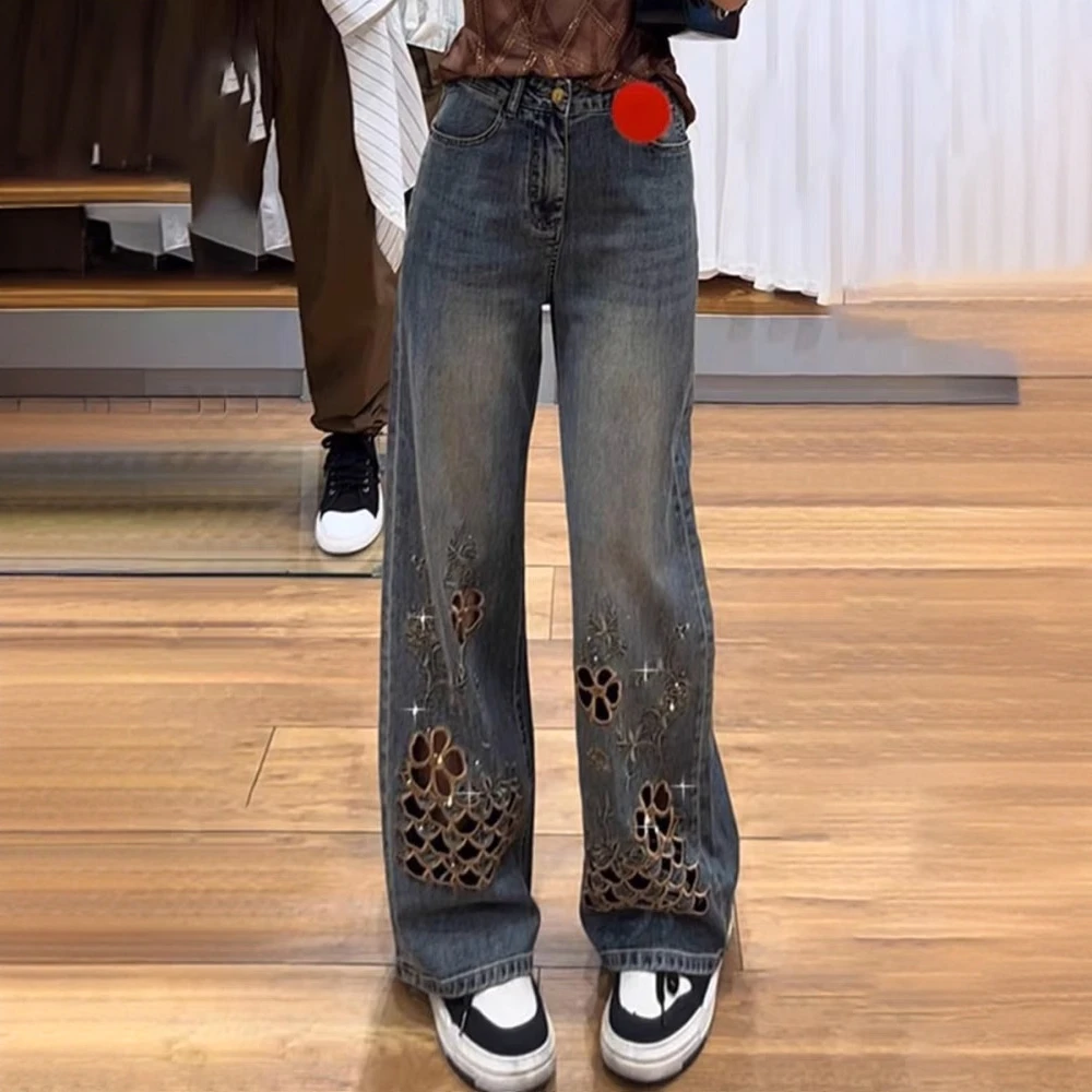 镂空刺绣烫钻直筒牛仔裤女夏季薄款高腰宽松显瘦设计感窄版阔腿裤
