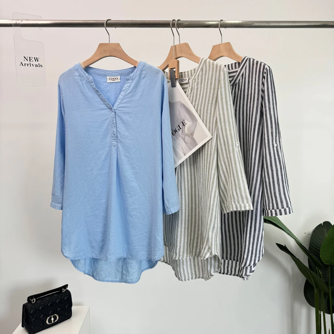 B116洋气百搭舒适简约温婉感贵系时尚显瘦清冷条纹纯色V领薄款t恤