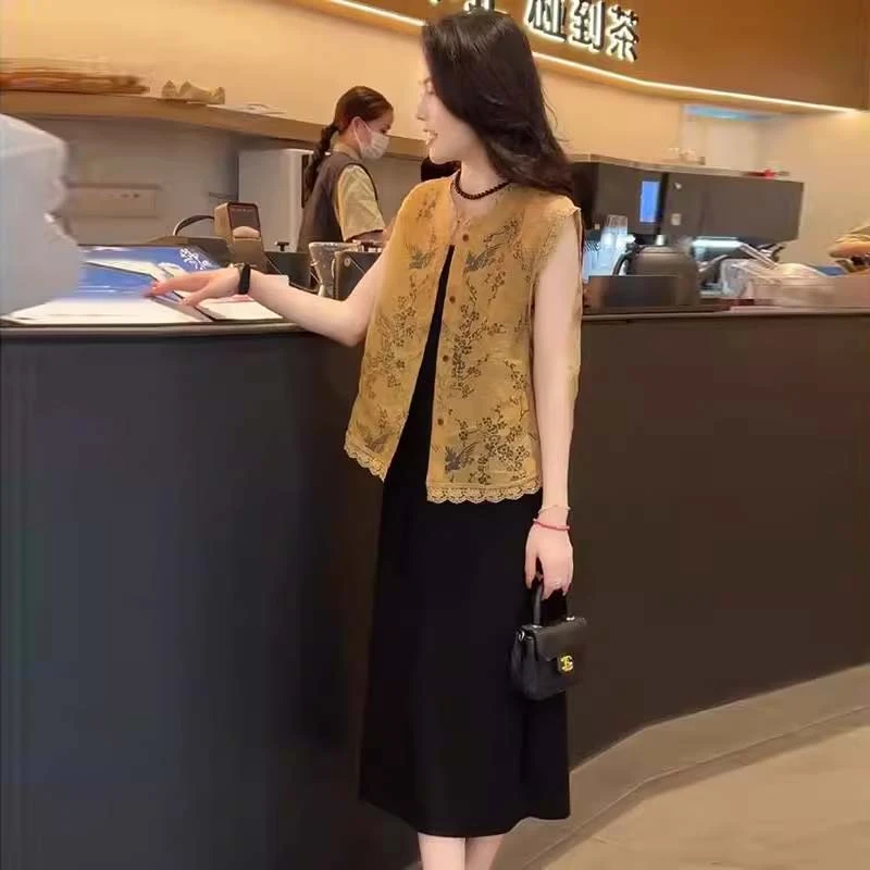 2025夏季新款女士中式蕾丝花边提花马甲开衫气质显瘦无袖镂空上衣