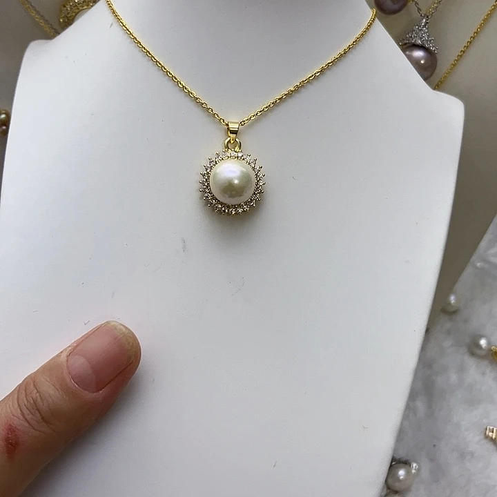 合金白珠金色太阳花吊坠淡水珍珠