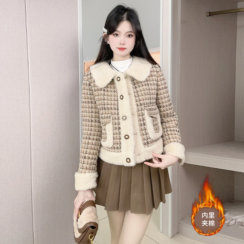 2024秋冬新款复古翻领羔毛绒短款外套女夹棉加厚保暖开衫上衣潮