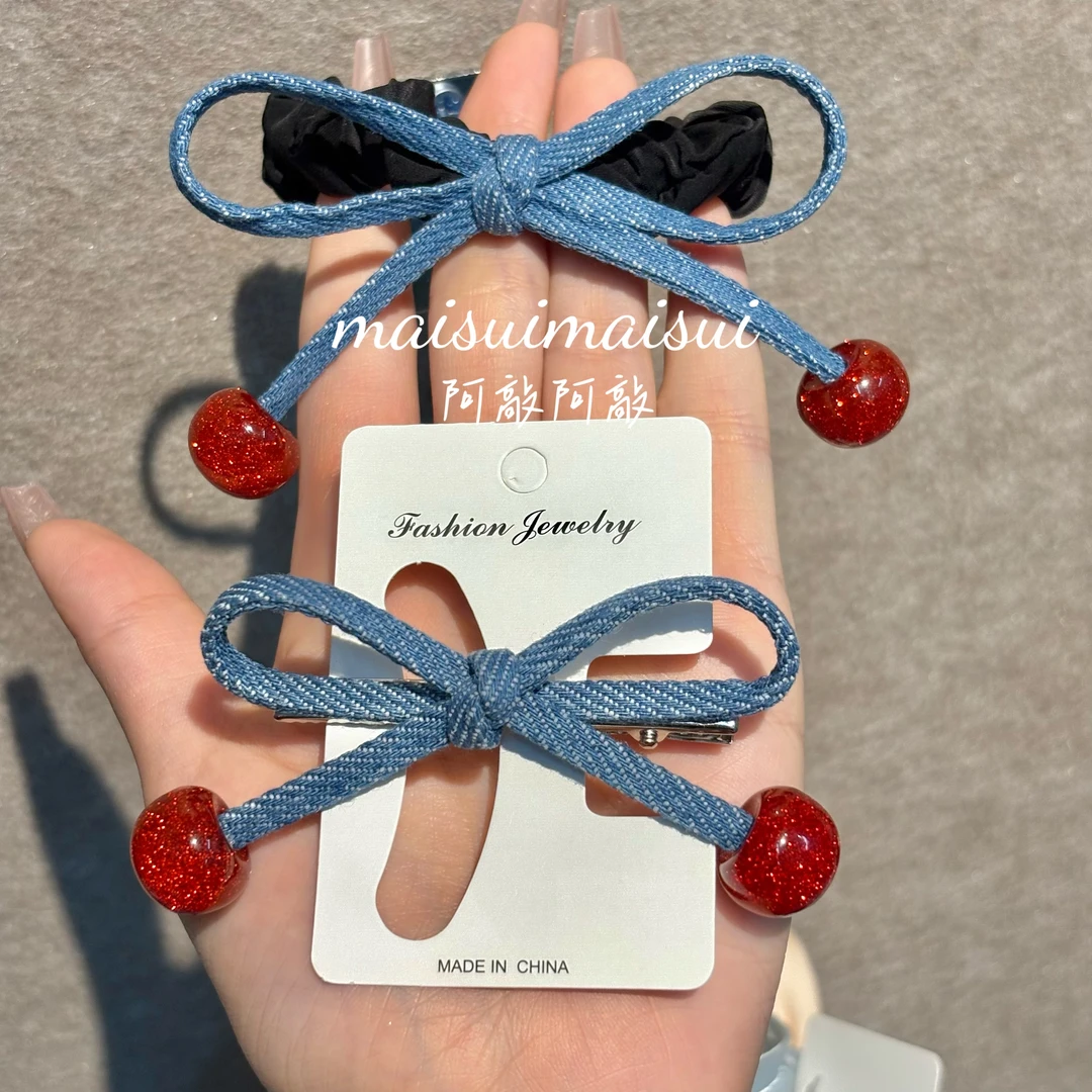 【阿敲】A1637~时尚牛仔樱桃蝴蝶结高马尾发圈发圈-麦穗头饰
