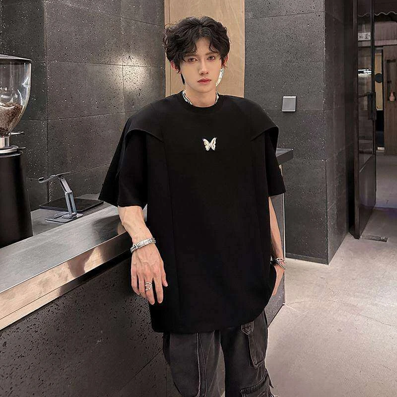 垫肩立体设计高街解构拼接男T恤痞帅高级感美式短袖学生男士五分