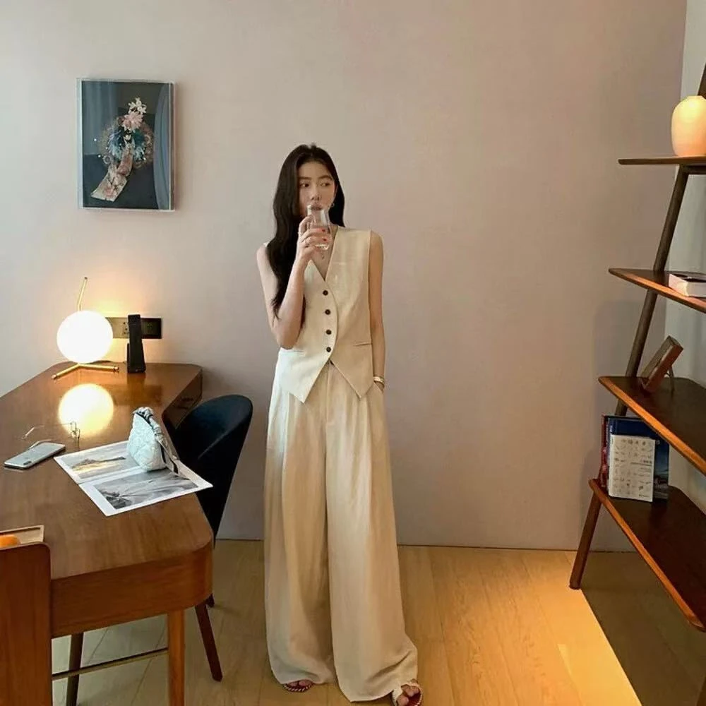 【多喜推荐】高个子加长亚麻天丝老钱风无袖马甲＋高腰阔腿裤