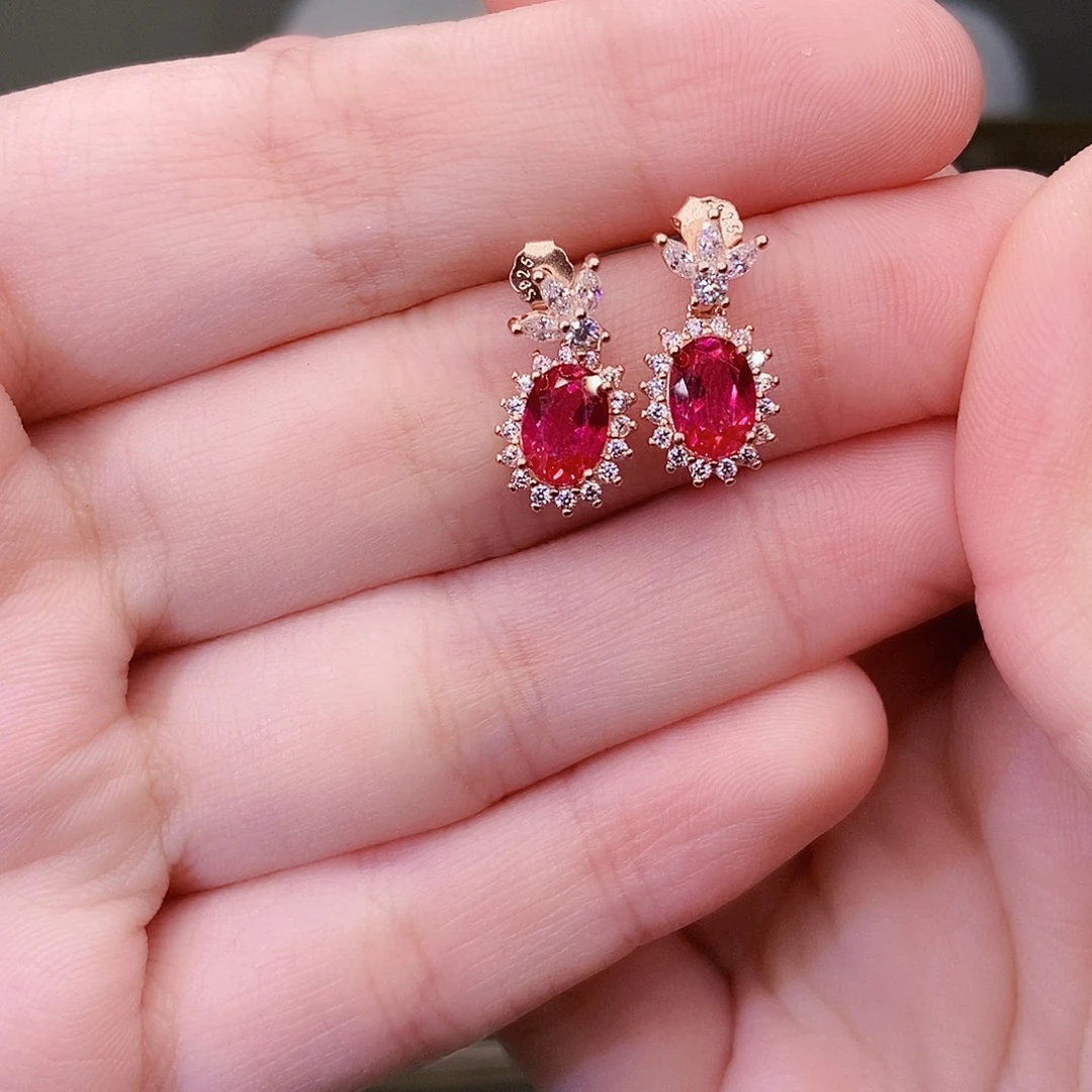 耳饰银S925镶嵌红宝石