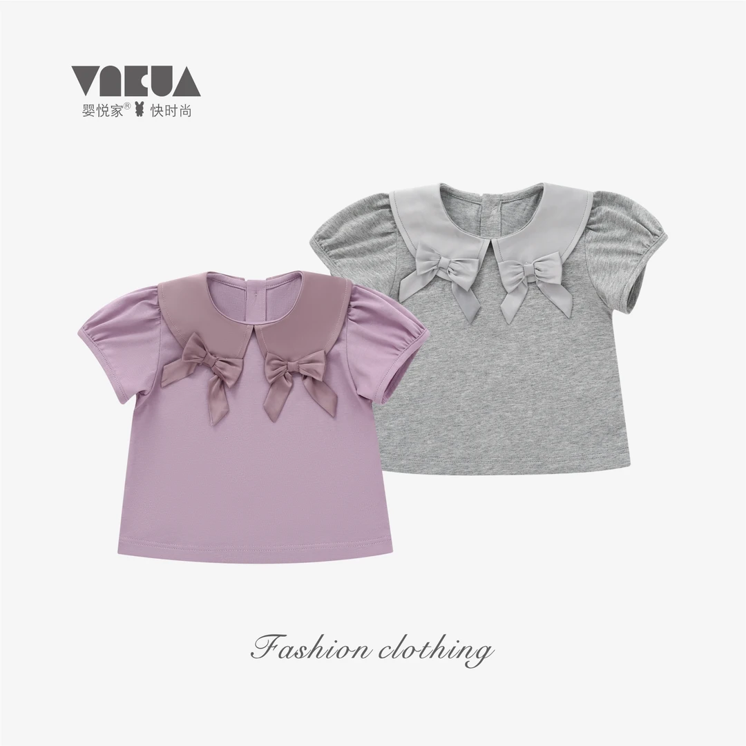 婴悦家女童洋气时尚夏季娃娃领甜美女宝宝可爱蝴蝶结上衣T恤88679