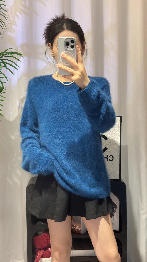 慵懒风圆领长袖拉毛极简风毛衣女士套头上衣时尚9207