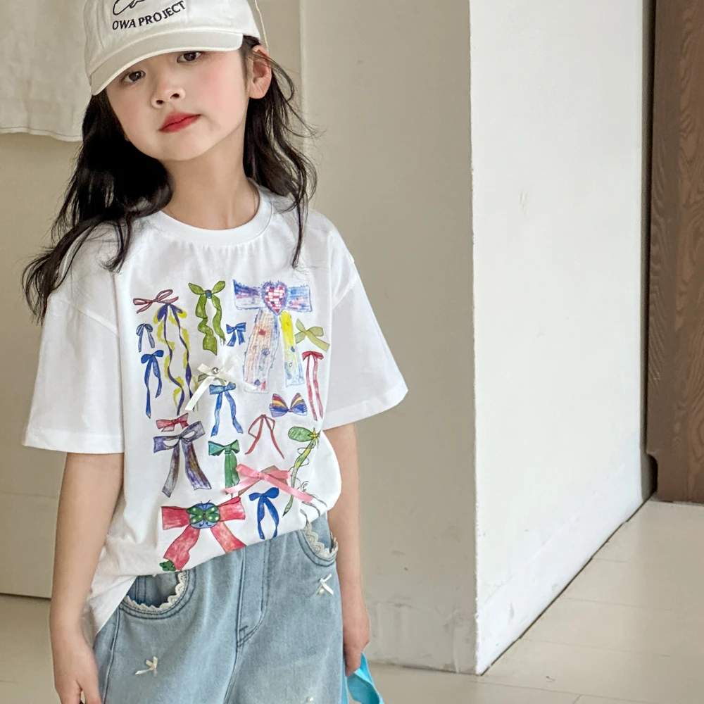 女童短袖T恤2025春夏新款童装上衣黑色蝴蝶结打底衫XA251142