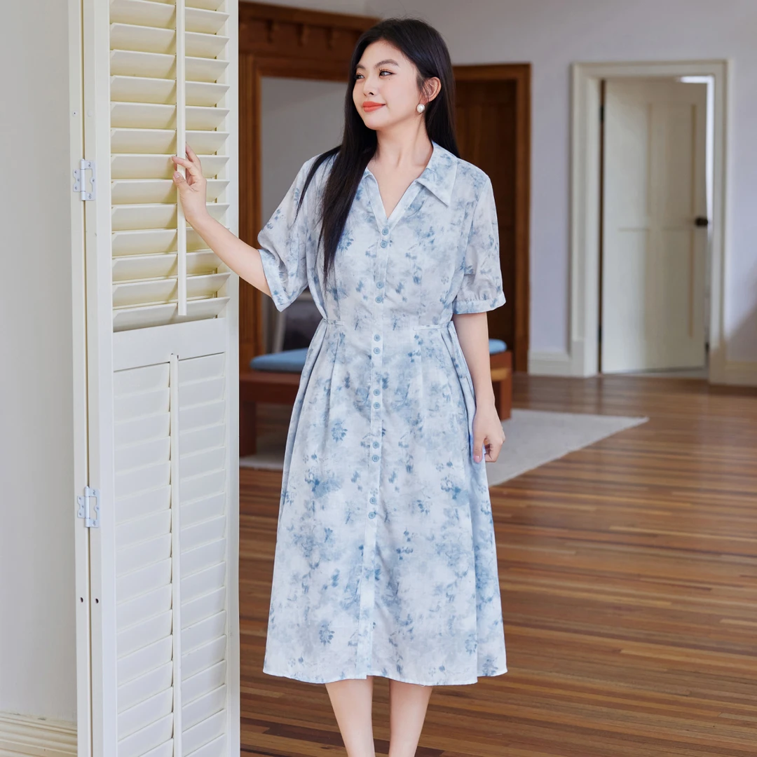 【仿麻印花】MsShe大码女装2025夏季显瘦收腰中长连衣裙J~A2504016