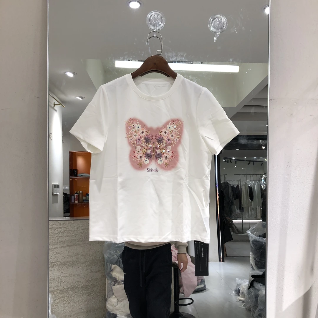 Bar Bie2025早春新款白色休闲潮流圆领时尚印花蝴蝶T恤2175