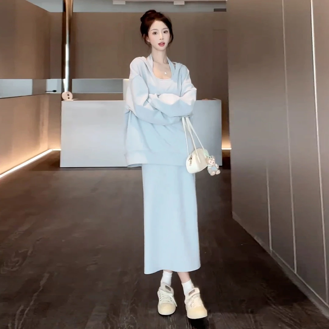 挂脖吊带连衣裙子女秋季2025新款深秋初冬韩系穿搭一整套装卫衣裙