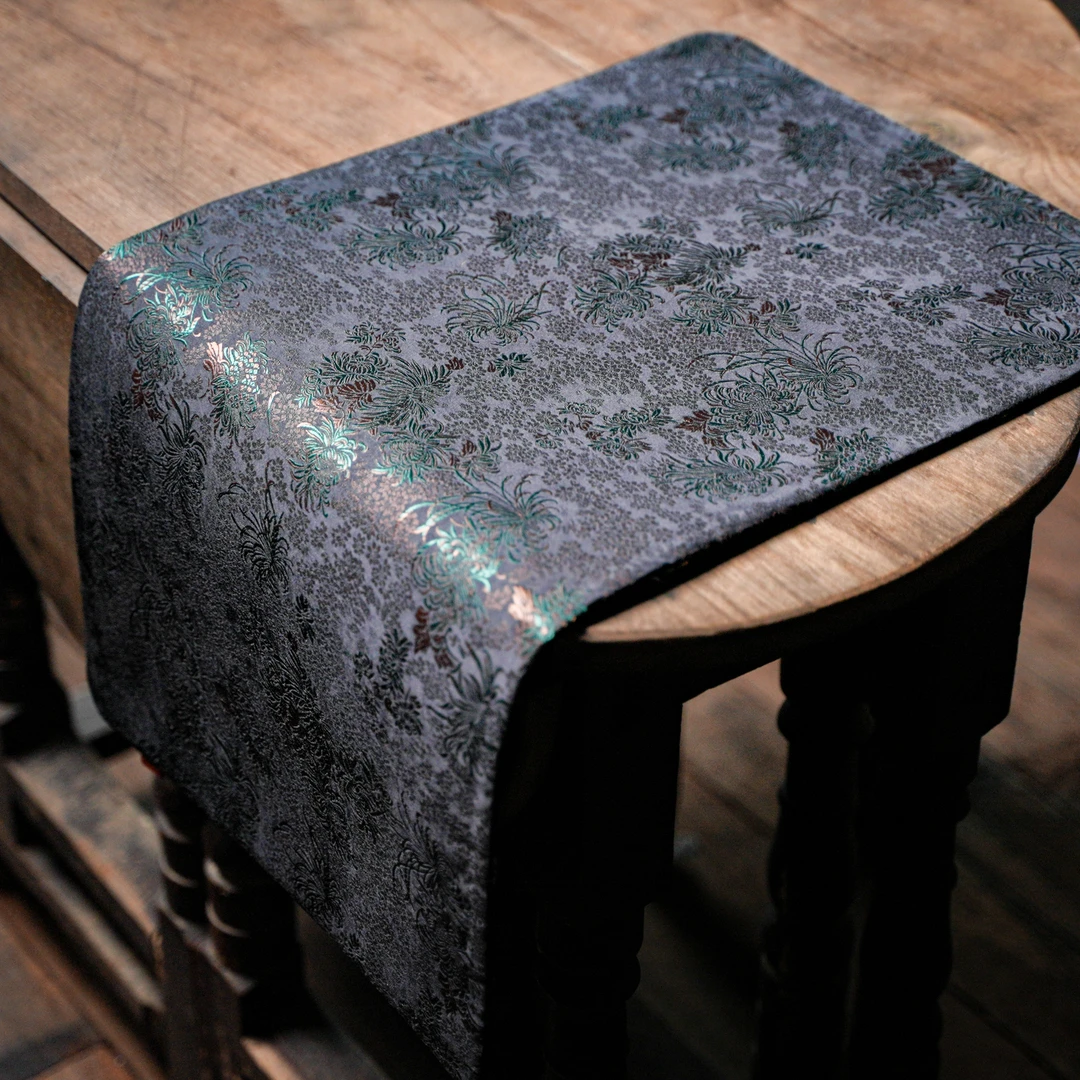 <蝶影秋菊>墨绿色双面圆角织锦茶席45*28（慢蓝S0839）