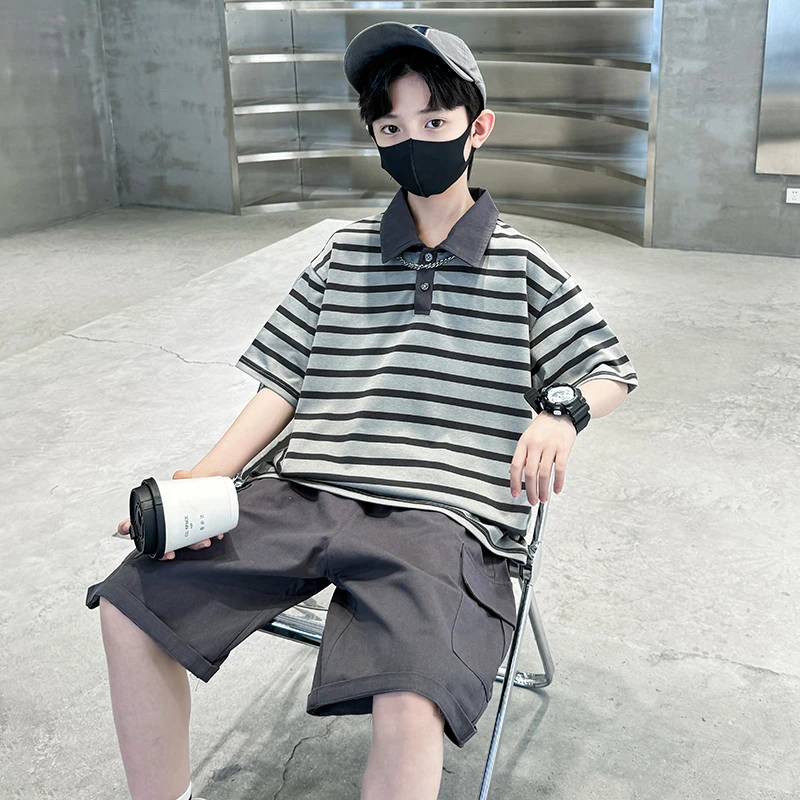 男童2025字母条纹常规夏季洋气上衣男翻领薄款韩版男孩2025新套装