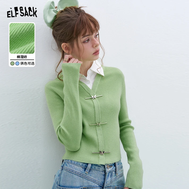 妖精的口袋蝴蝶曼波假两件衬衫拼接针织衫2025冬修身内搭25406015