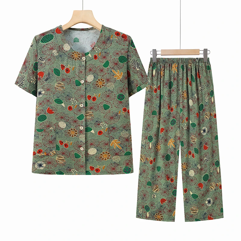 中老年绵绸开衫睡衣套装女士夏季薄款妈妈短袖两件套老太太家居服