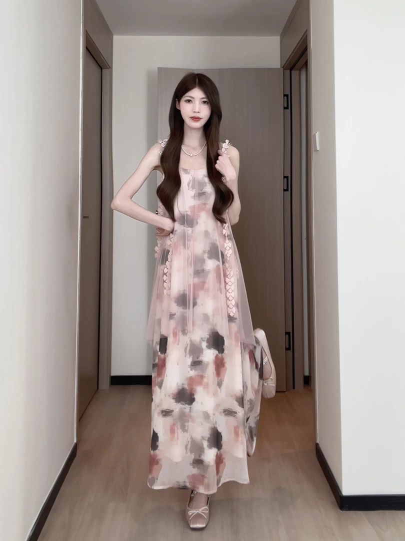 清仓89-90度假风仙女印花吊带裙碎花气质春季吊带连衣裙B251Q0209