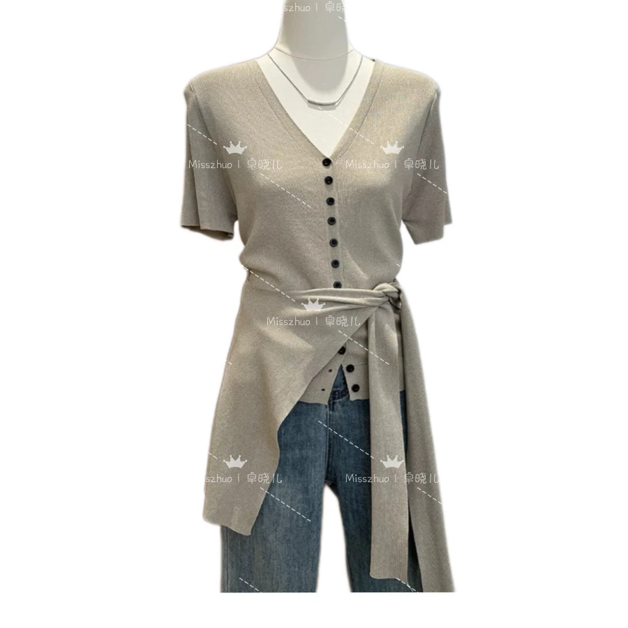 Miss zhuo｜卓晓儿ｖ领披肩针织短袖黑色扣子微胖夏天时尚女百搭夏