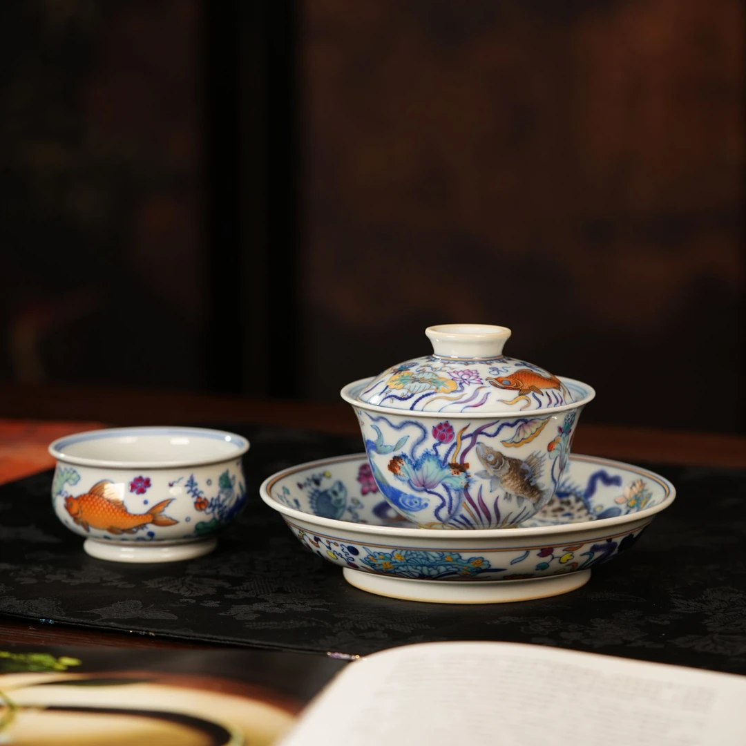 刘建锋窑斗彩鱼藻纹茶具 景德镇柴窑柴烧高端主人杯 礼盒送人