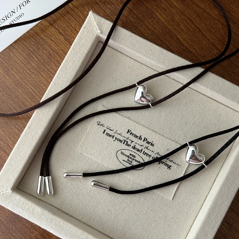 吊坠925银 韩版小爱心黑绳项链韩国博主同款个性时髦多戴法绳结