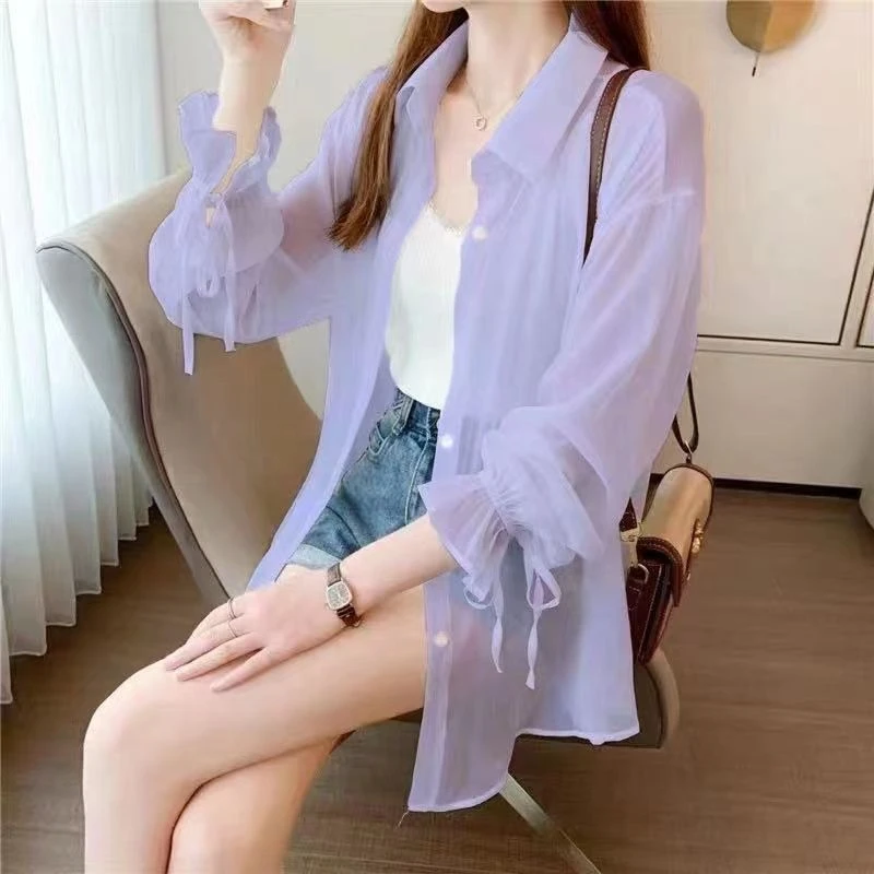 2024新款雪纺防晒衣女外穿薄款夏季外搭开衫蝴蝶结长睡衣