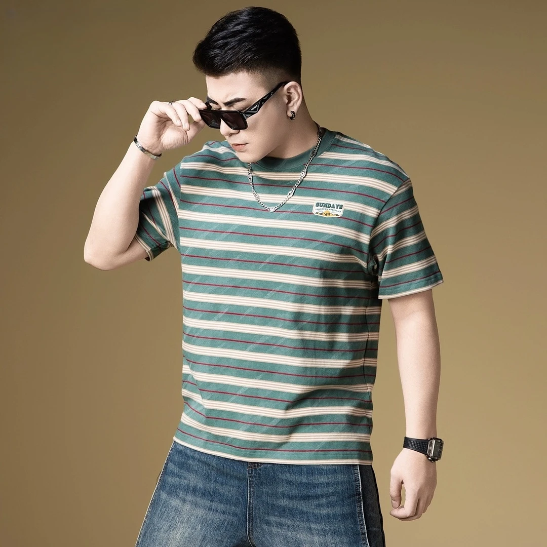 短袖t恤男士2025夏季薄款轻奢棉质打底衫上衣休闲撞色条纹体恤衫