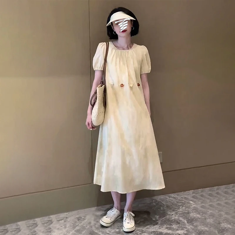 4195法式超好看短袖连衣裙子女夏季2025新款小个子宽松显瘦长裙