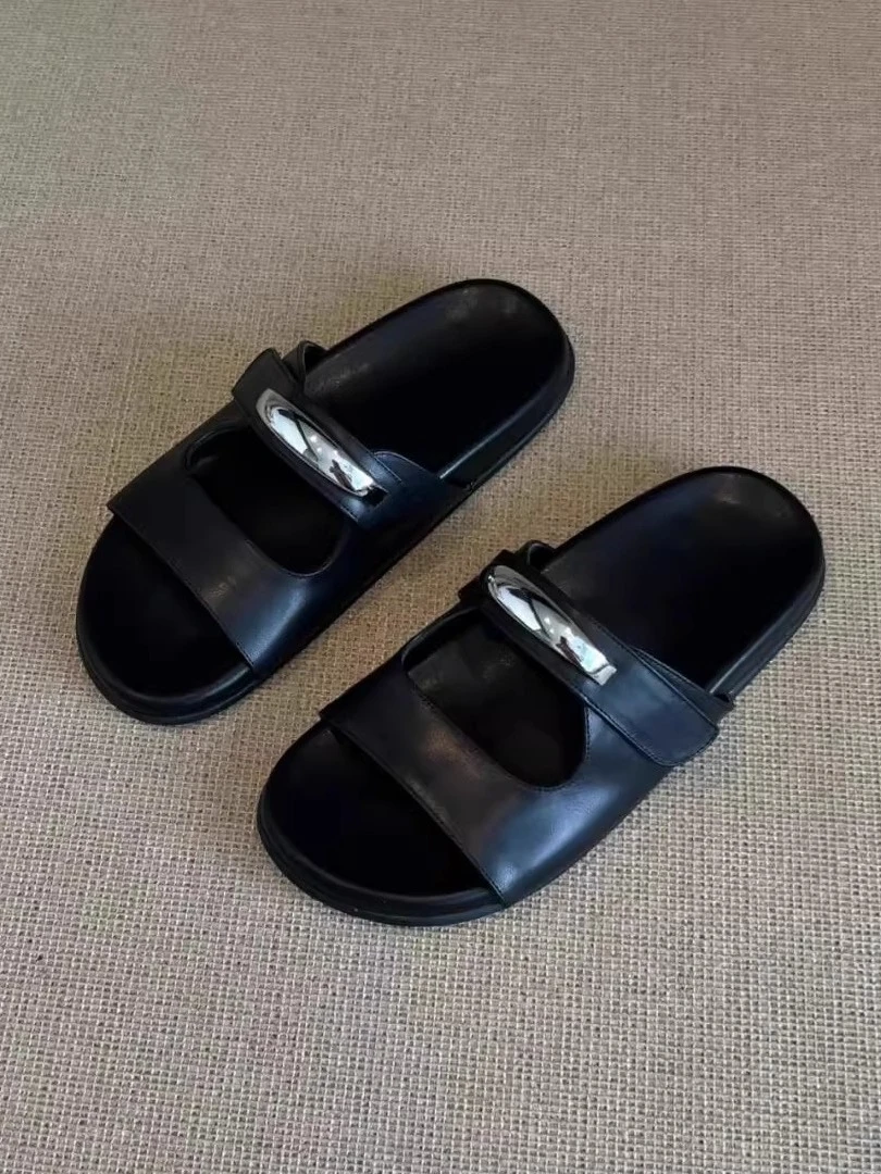 法式金属扣一字拖鞋女夏外穿2025新款厚底海边沙滩鞋魔术贴凉拖鞋