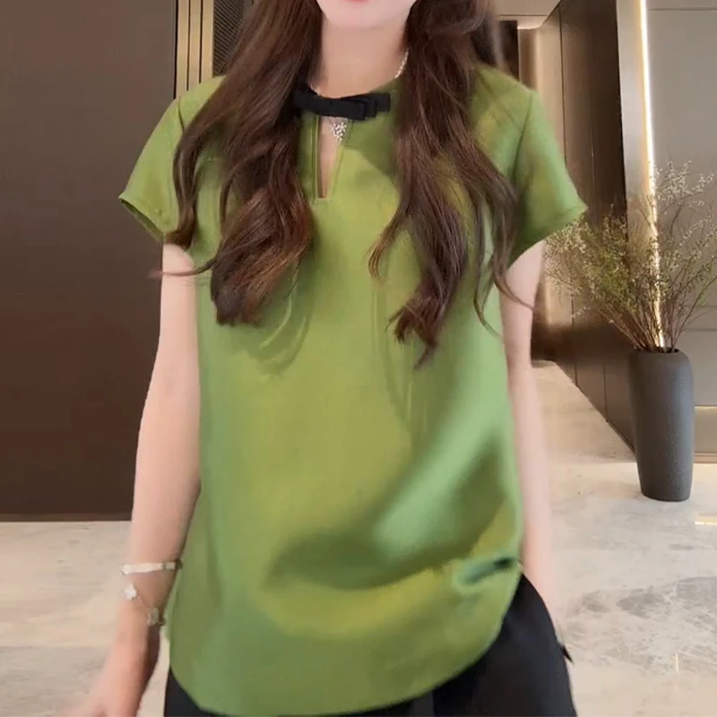 蝴蝶结V领短袖衬衫法式上衣显瘦遮肉胖mm大码女装夏洋气减龄衬衣