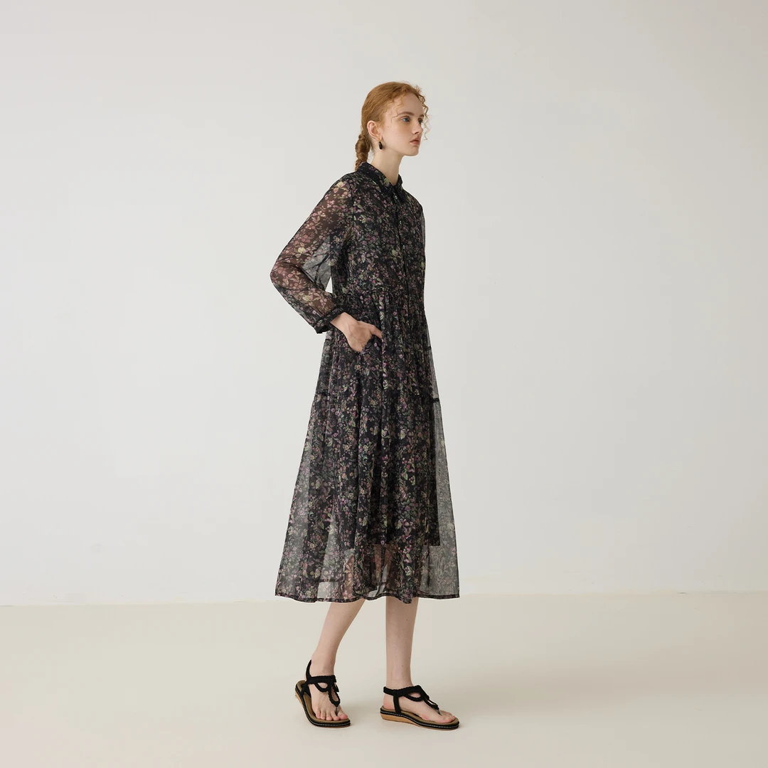 EIN/言浪漫碎花印花蕾丝翻领长灯笼袖文艺雪纺连衣裙夏季新款