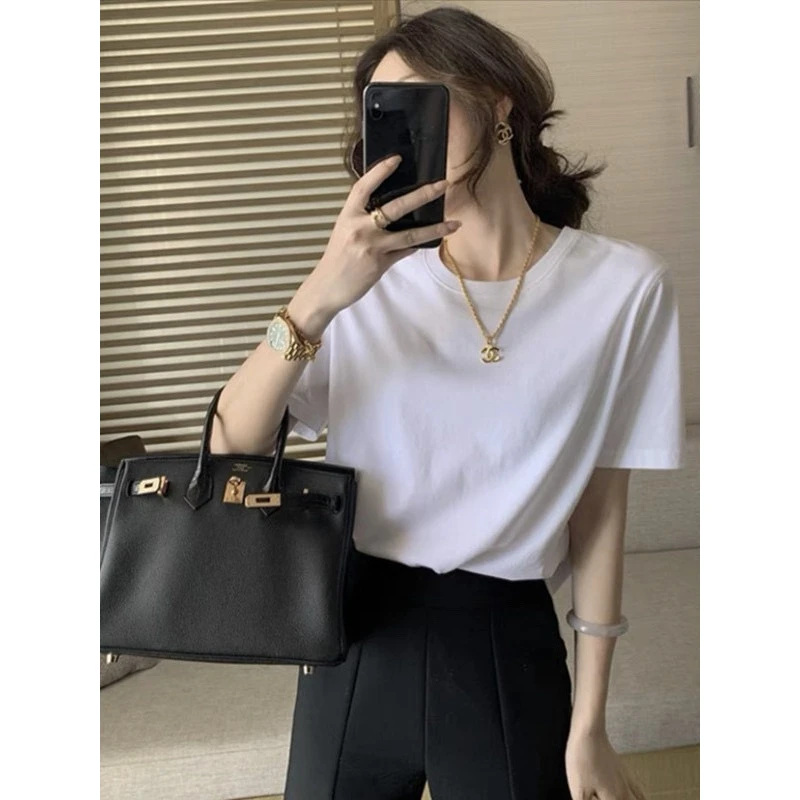 美式复古黑色正肩短袖t恤女20205夏季内搭打底衫纯色半袖体恤上衣