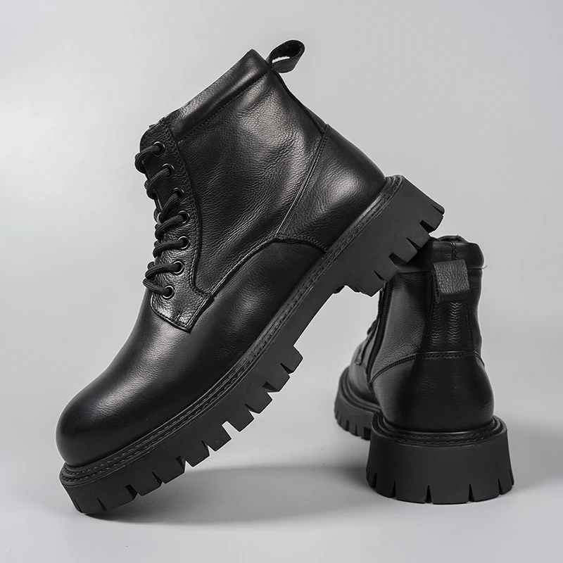 经典素面高帮马丁靴头层牛皮英伦男靴厚底冬季加绒保暖高帮皮鞋