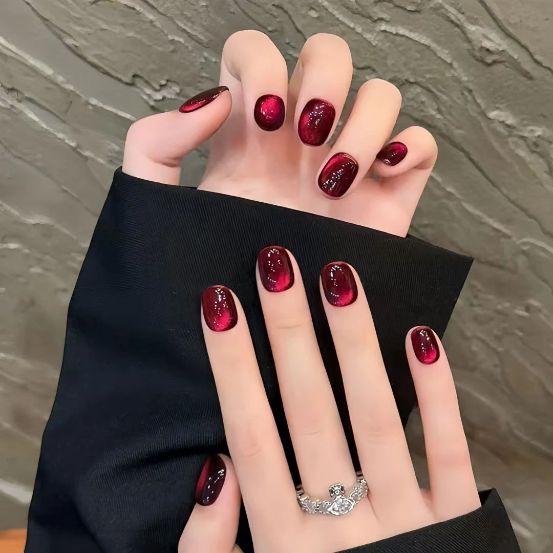 【红宝石】手工穿戴甲红宝石玻璃珠猫眼美甲甜酷个性显白短款穿戴甲