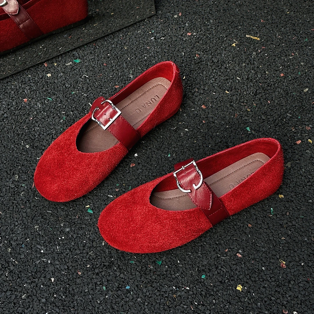 2025新款秋季复古红色玛丽珍鞋女文艺风平底单鞋一脚蹬舒服奶奶鞋