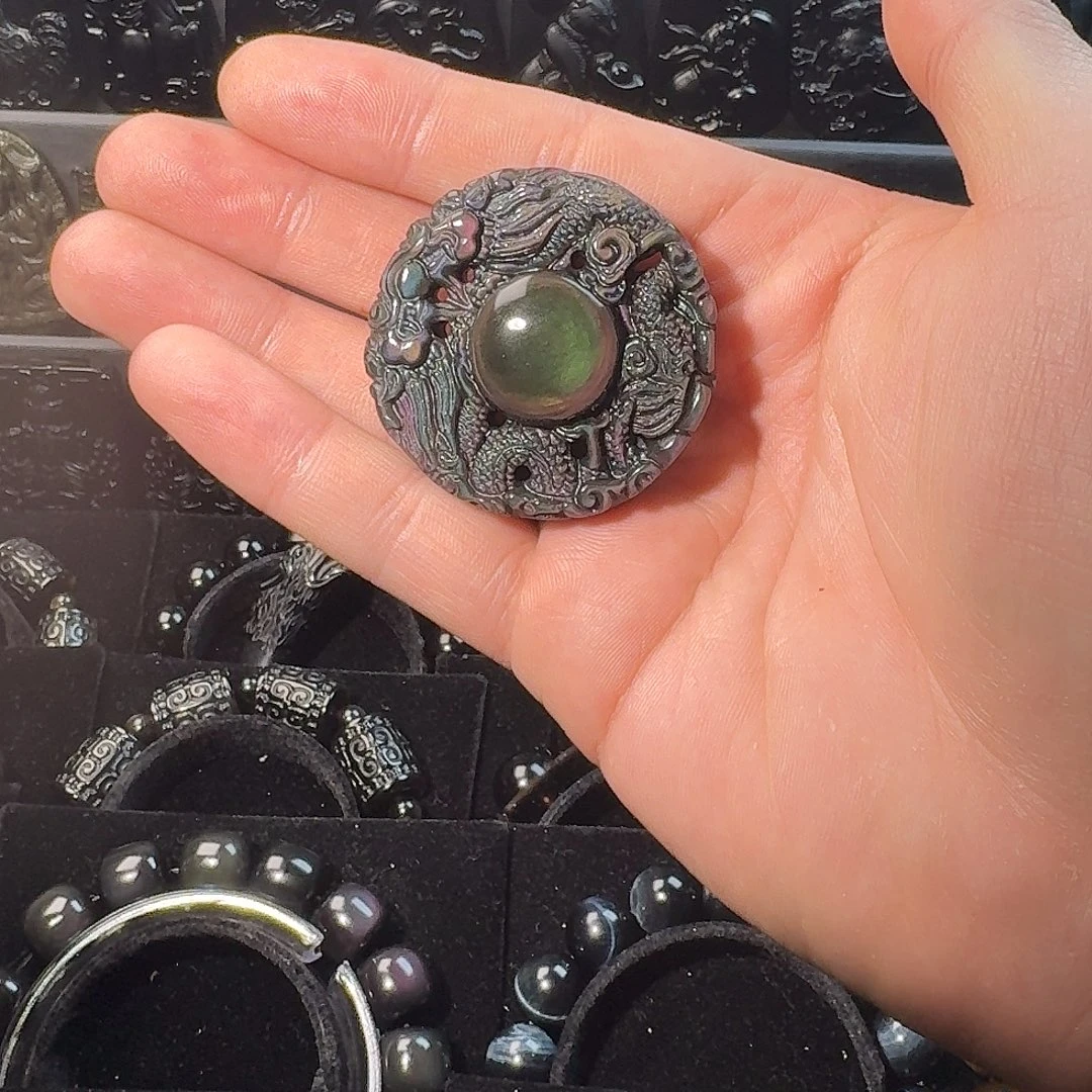 黑曜岩未镶嵌吊坠(赠链)彩曜石双龙护主吊坠挂绳款