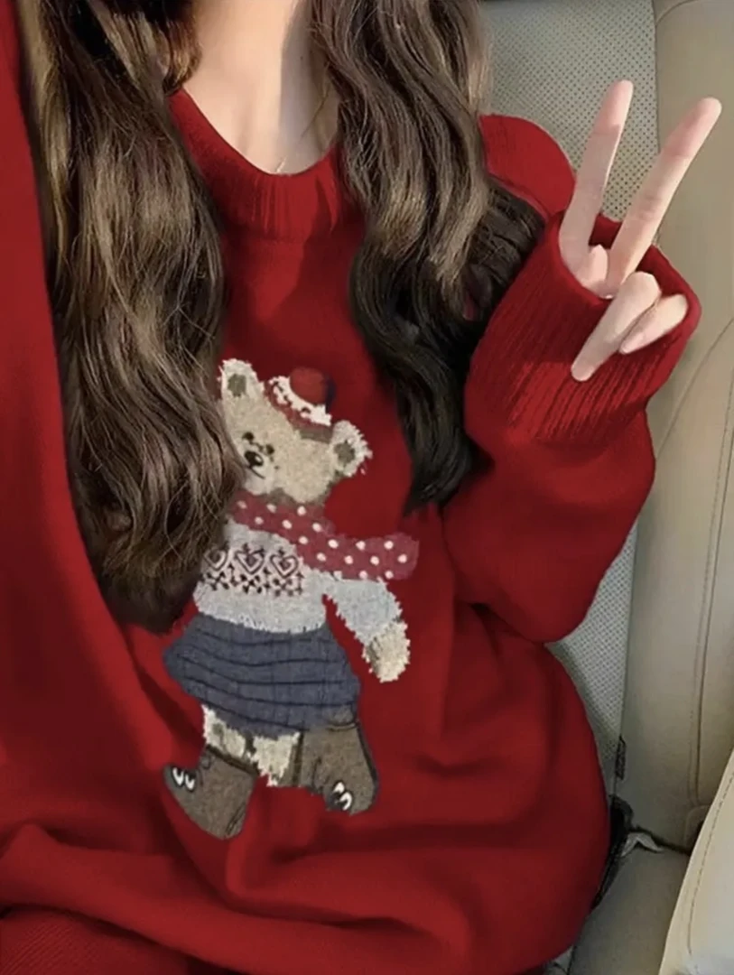 906#慵懒甜美腊肠小熊刺绣毛衣女套头宽松秋冬减龄厚款内搭针织衫