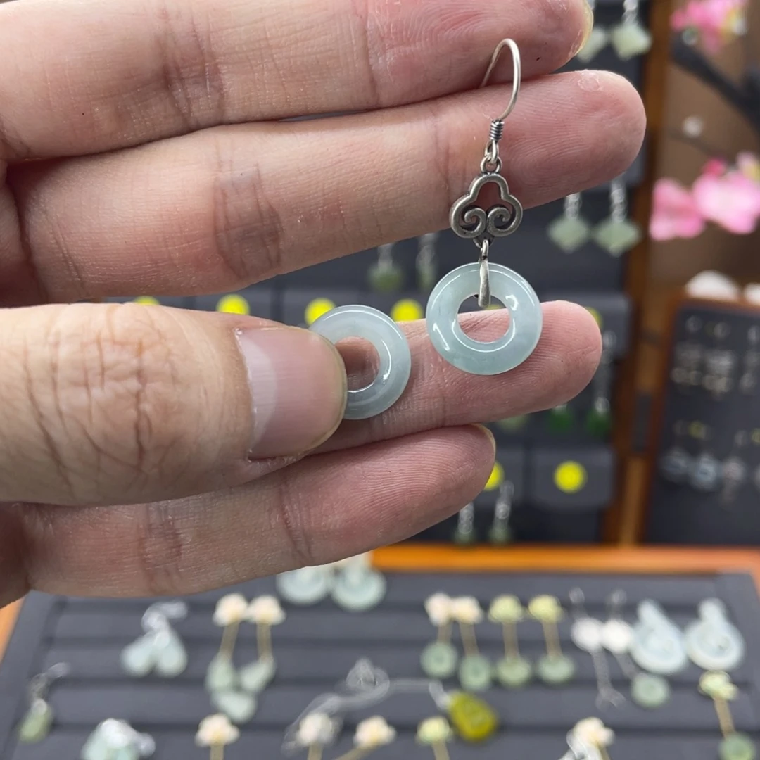 翡翠耳饰银S925镶嵌小*子