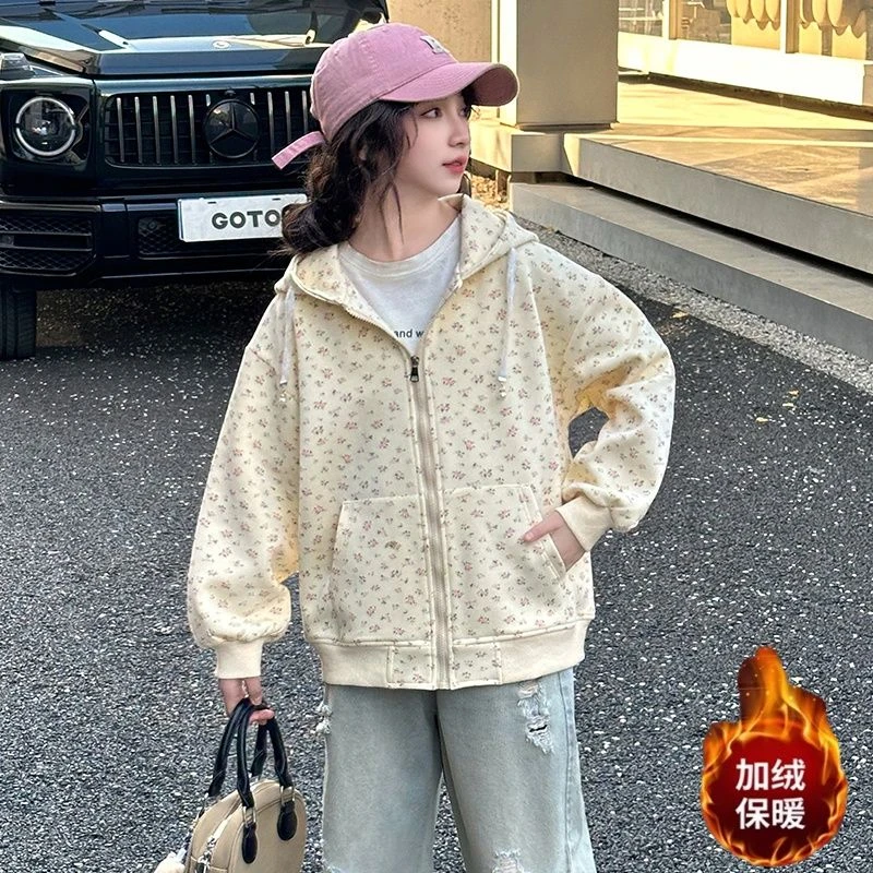 女童外套春秋洋气中大儿童秋装薄款碎花连帽卫衣小女孩外穿上衣潮