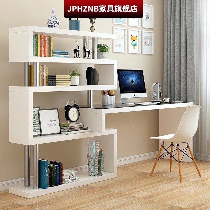 简易旋转电脑桌台式家用卧室桌子书柜一体转角书桌书架组合写字桌