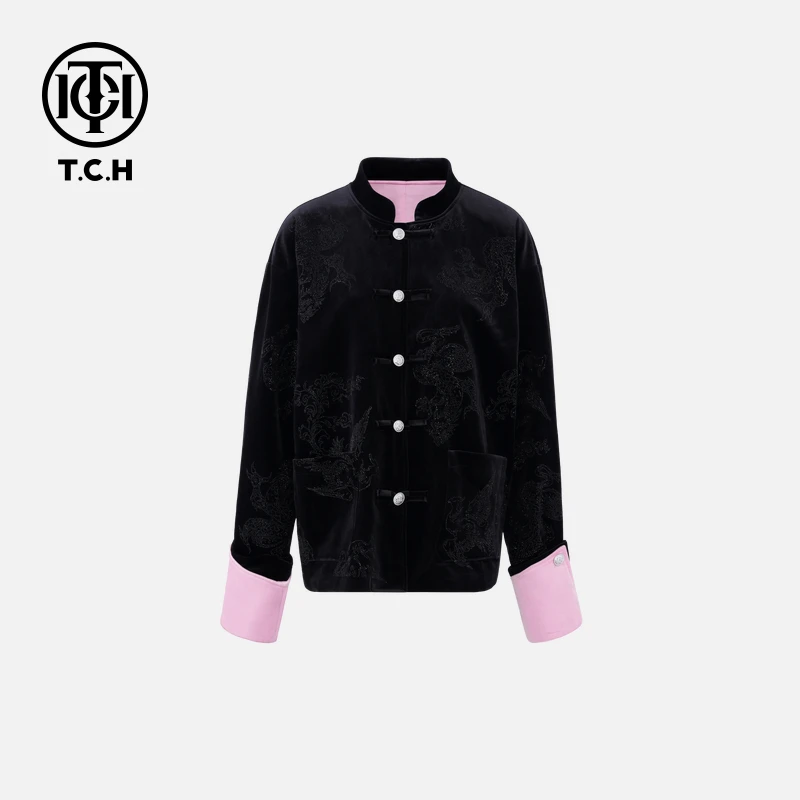 TCH轻奢新中式丝绒立领撞色老钱风短外套女T72C276089私服tch