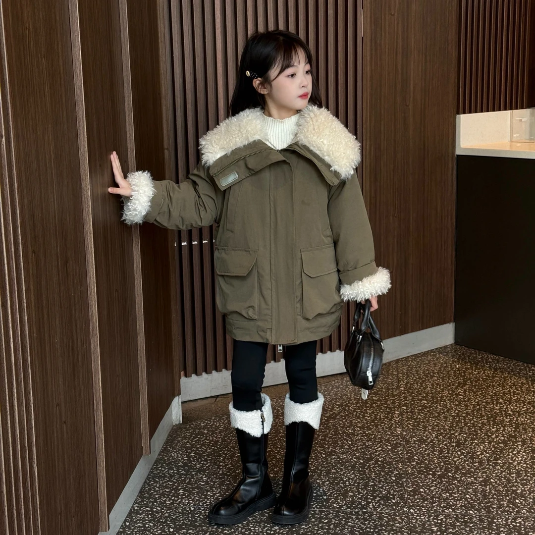 赵露思同款工装棉衣外套女童加绒内里一体绒加毛派克服棉服外套潮