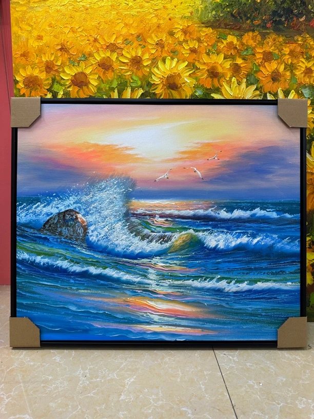 海浪手绘油画入户走廊客厅装饰挂画
