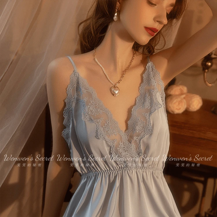 【花间轻舞】冰丝大码胖mm200斤吊带睡裙性感睡衣火辣夏薄蕾丝女