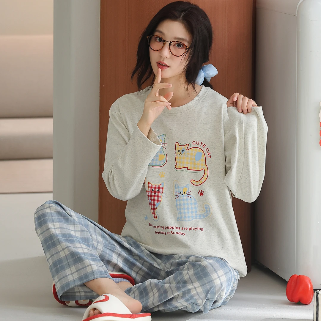 卡之恋彩色猫咪长袖40支紧赛精梳双面纯棉家居服【中厚全棉240g】